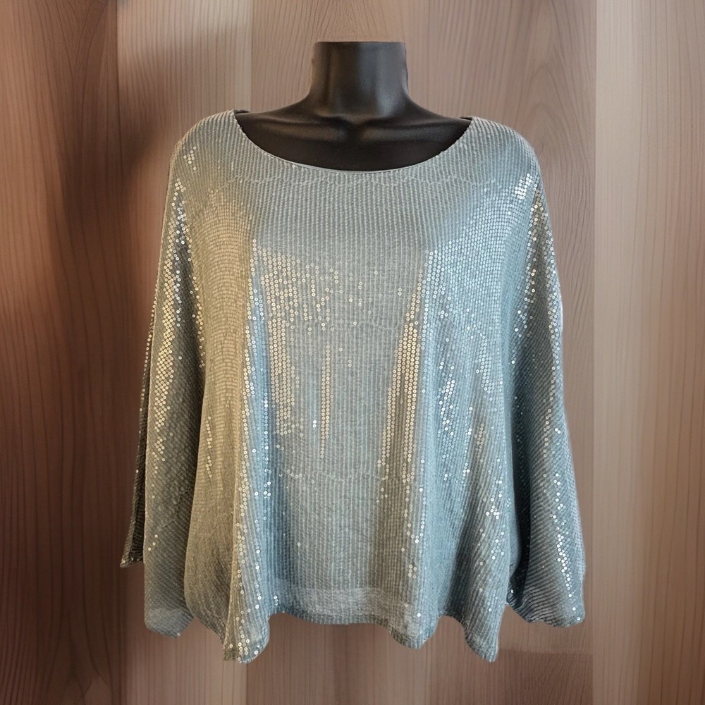Jennifer Lopez Sequin‎ Top Baby Blue Dolman Sleeve Plus OSFM NYE Party Sparkly